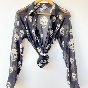 Ladies Blouse Sheer  Skulls Goth Stylish Black White